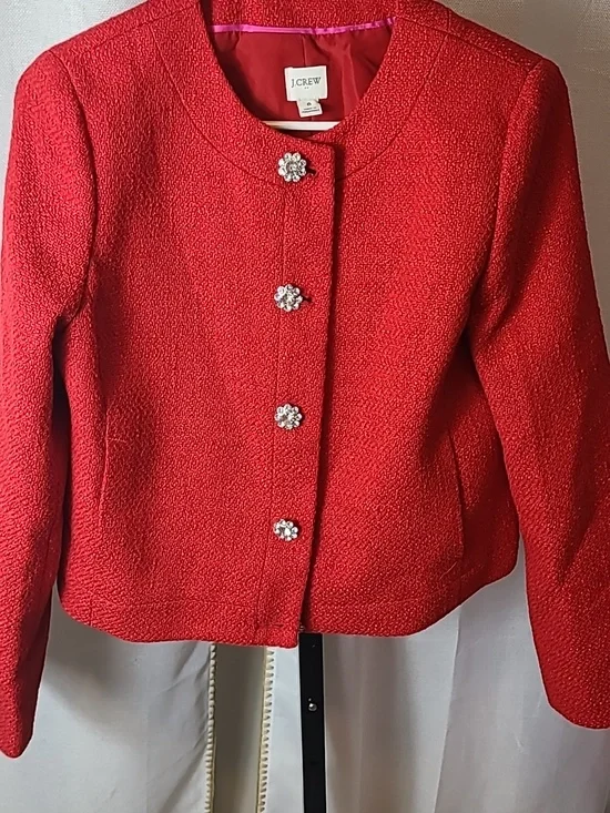 JCrew red Tweed Lady Jacket With Jeweled Buttons Size 8 - Picture 2 of 6